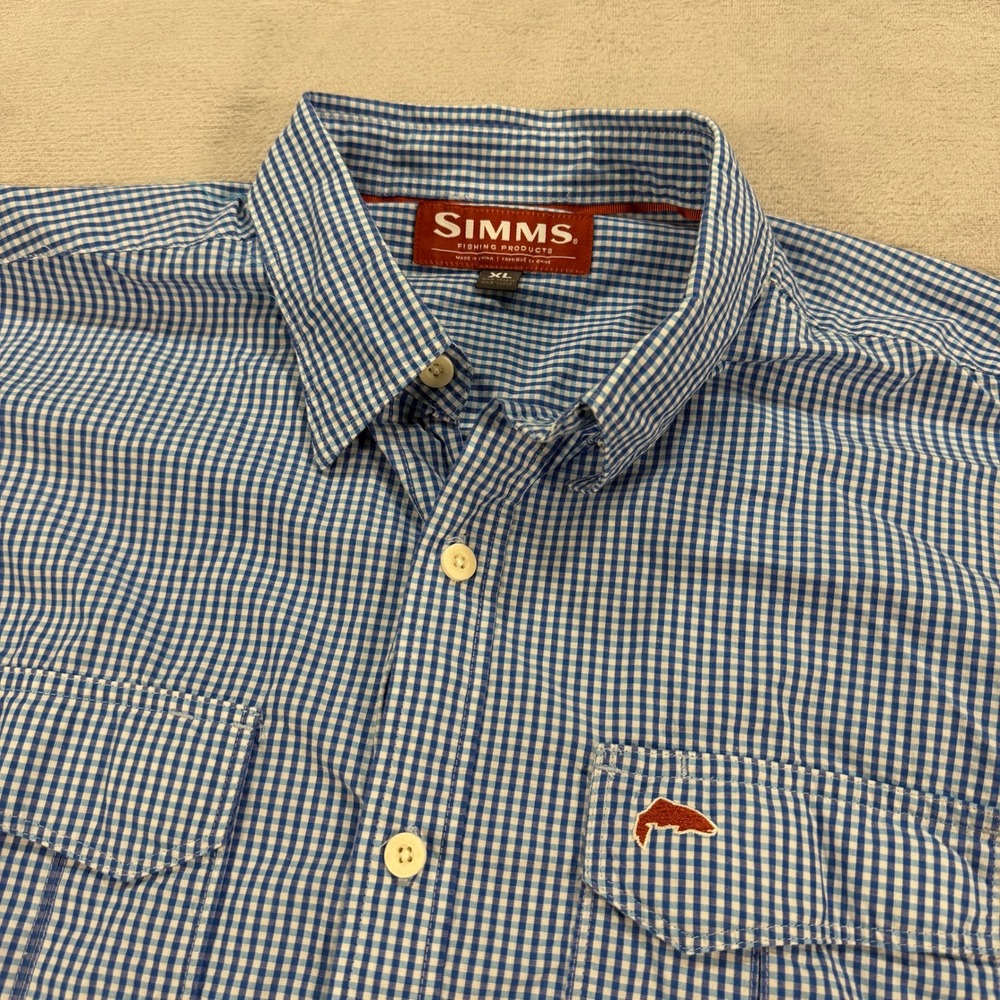 Simms Fishing Products Mens XL Blue Gingham Cotton Button Down Shirt Long Sleeve - Picture 2 of 9